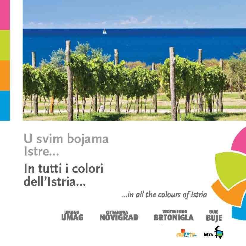 L'immagine è la copertina della brochure „In tutti i colori dell'Istria“. L'immagine è rettangolare, sul lato superiore c'è una foto con un vigneto e sullo sfondo del vigneto si vede il mare. Sotto l'immagine c'è l'iscrizione in croato " U svim bojama Istre" e ancora sotto l'iscrizione in italiano "In tutti i colori dell'Istria". Ancora più in basso si trovano le iscrizioni degli sponsor di questa brochure, principalmente le città del Buiese. Sul lato superiore dell'iscrizione con i nomi delle città è visibile l'iscrizione in minuscolo con i nomi delle città in italiano, mentre sotto, in maiuscolo, sono elencate le città in lingua croata. Da sinistra a destra, come descritto sopra, sono elencate le città: Umago Umag, Cittanova Novigrad, Verteneglio Brtonigla e Buie Buje. Sopra i nomi delle città c'è la scritta " In all the colours of Istria". Nella parte in basso a destra dell'immagine, c'è il logo del cluster Colours of Istria, ovvero quattro foglie, la prima delle quali, nella parte superiore, è viola, appena sotto c'è una foglia verde, seguita da una foglia arancione e infine una foglia blu. Le foglie sono interconnesse in una forma semicircolare, che ricorda i petali dei fiori.