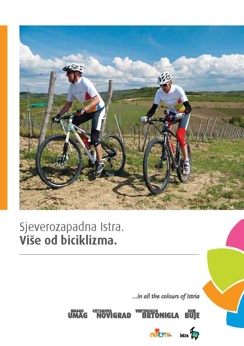 L'immagine è la copertina della Guida ciclistica. Nella parte superiore si vede una foto di due ciclisti che pedalano in salita su una strada sterrata accanto a un nudo vigneto. Sullo sfondo si possono vedere le colline e il cielo azzurro con nuvole bianche, che indicano una bella giornata di sole. Sotto l'immagine c'è la scritta "Istria nordoccidentale - Più che ciclismo" e sotto ci sono le iscrizioni degli sponsor di questa guida, principalmente le città del Buiese. Sul lato superiore dell'iscrizione con i nomi delle città è visibile l'iscrizione in minuscolo con i nomi delle città in italiano, mentre sotto, in maiuscolo, sono elencate le città in lingua croata. Da sinistra a destra, come descritto sopra, sono elencate le città: Umago Umag, Cittanova Novigrad, Verteneglio Brtonigla e Buie Buje. Sopra i nomi delle città c'è la scritta " In all the colours of Istria". Nella parte in basso a destra dell'immagine, c'è il logo del cluster Colours of Istria, ovvero quattro foglie, la prima delle quali, nella parte superiore, è viola, appena sotto c'è una foglia verde, seguita da una foglia arancione e infine una foglia blu. Le foglie sono interconnesse in una forma semicircolare, che ricorda i petali dei fiori.