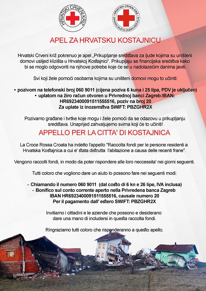 Appello della Croce Rossa Croata per la città di Kostajnica