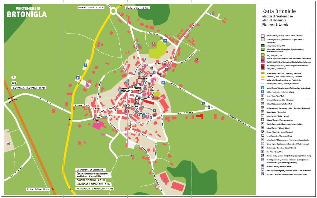 L'immagine è un formato ridotto della carta topografica dell'abitato di Verteneglio. Sul lato destro dell'immagine si vede uno spazio bianco verticale con dei segni: si tratta della legenda della mappa.