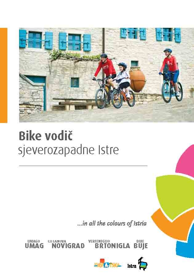 L'immagine è la copertina della Guida ciclistica. In alto c'è la foto di una famiglia: mamma, papà e bambino che vanno in bicicletta in discesa e passano accanto a una casa di pietra bianca con finestre blu. Sotto l'immagine c'è la scritta "Guida ciclistica dell'Istria nordoccidentale", mentre ancora più in basso si trovano le iscrizioni degli sponsor di questa guida, principalmente le città del Buiese. Sul lato superiore dell'iscrizione con i nomi delle città è visibile l'iscrizione in minuscolo con i nomi delle città in italiano, mentre sotto, in maiuscolo, sono elencate le città in lingua croata. Da sinistra a destra, come descritto sopra, sono elencate le città: Umago Umag, Cittanova Novigrad, Verteneglio Brtonigla e Buie Buje. Sopra i nomi delle città c'è la scritta " In all the colours of Istria". Nella parte in basso a destra dell'immagine, c'è il logo del cluster Colours of Istria, ovvero quattro foglie, la prima delle quali, nella parte superiore, è viola, appena sotto c'è una foglia verde, seguita da una foglia arancione e infine una foglia blu. Le foglie sono interconnesse in una forma semicircolare, che ricorda i petali dei fiori.