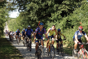 Na slici se vidi dugi red biciklista koji se rekreativno penju uz cestu, sa lijeve i desne strane vidi se šuma. Biciklisti se kreću uskom asfaltiranom cestom u sjeni stabala.
