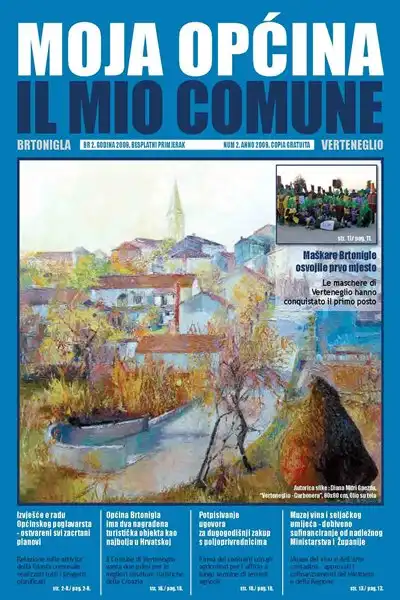Questa foto ha la forma di un foglio A4 in posizione verticale, si tratta della copertina della rivista "Il mio comune", seconda edizione. Lo sfondo del pulsante è blu, in alto è presente una scritta in maiuscolo dai caratteri bianchi “Il mio comune", mentre subito sotto vi si trova la traduzione in italiano, a caratteri maiuscoli di colore blu scuro. Sotto l'iscrizione del titolo si trova un dipinto artistico dell'abitato di Verteneglio, fatto con gli acquerelli. Il link che si attiva cliccando il pulsante porta ad un PDF con il contenuto della rivista "Il mio comune".