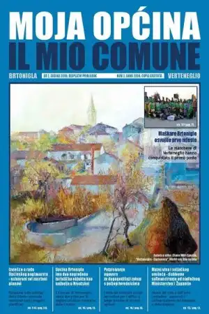 Questa foto ha la forma di un foglio A4 in posizione verticale, si tratta della copertina della rivista "Il mio comune", seconda edizione. Lo sfondo del pulsante è blu, in alto è presente una scritta in maiuscolo dai caratteri bianchi “Il mio comune", mentre subito sotto vi si trova la traduzione in italiano, a caratteri maiuscoli di colore blu scuro. Sotto l'iscrizione del titolo si trova un dipinto artistico dell'abitato di Verteneglio, fatto con gli acquerelli. Il link che si attiva cliccando il pulsante porta ad un PDF con il contenuto della rivista "Il mio comune".